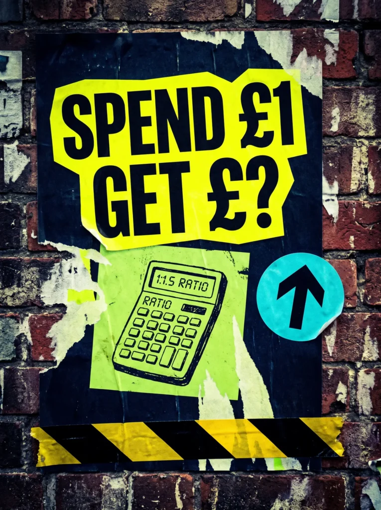 What is a good ROAS: spend one pound get what poster with a calculator on a brick wall