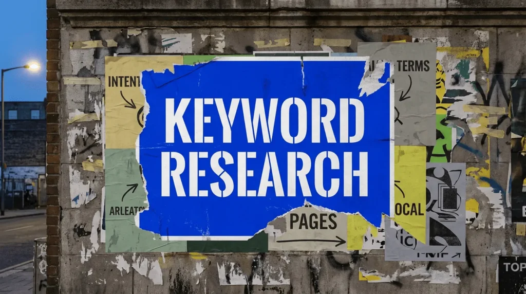 What keywords should I use for my website: blue poster amid torn posters about search intent, terms and page targets.