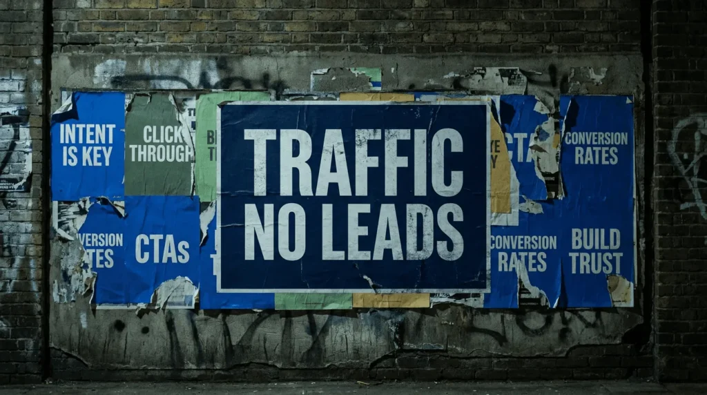 Poster reading Traffic No Leads, on why a blog gets traffic but no leads, amid torn posters about intent and conversions.